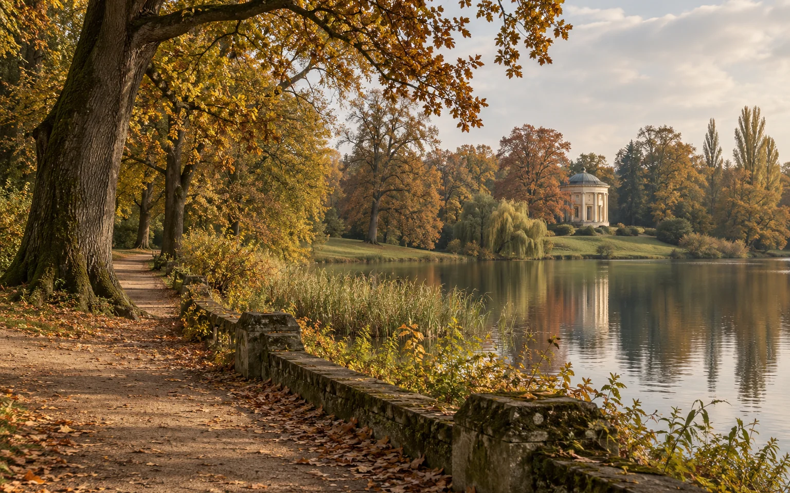 Herbstlicher Parkweg am Wasser mit einem Gartenpavillon