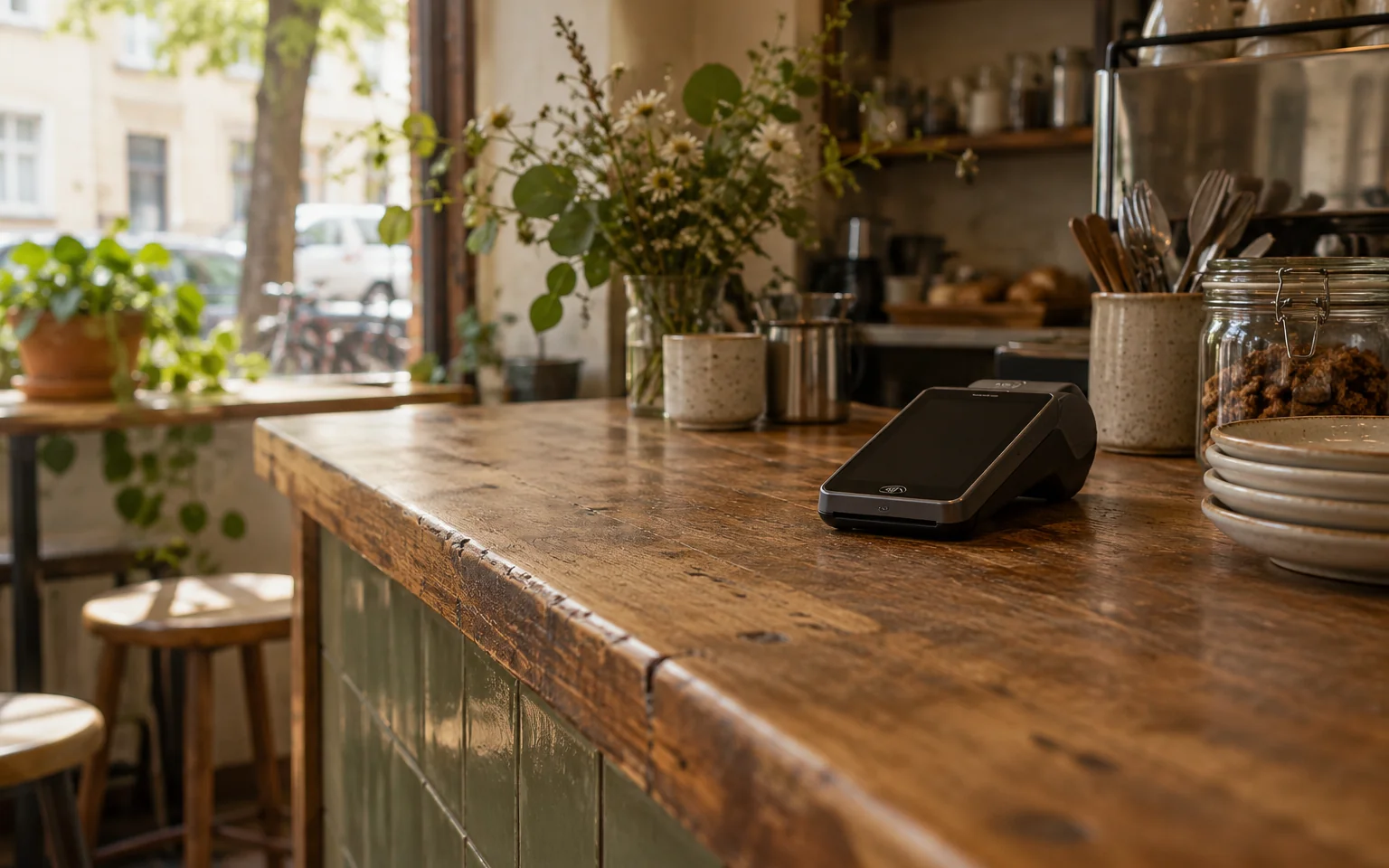 Unbeschriftetes Bezahlterminal auf einer natürlich genutzten Cafétheke