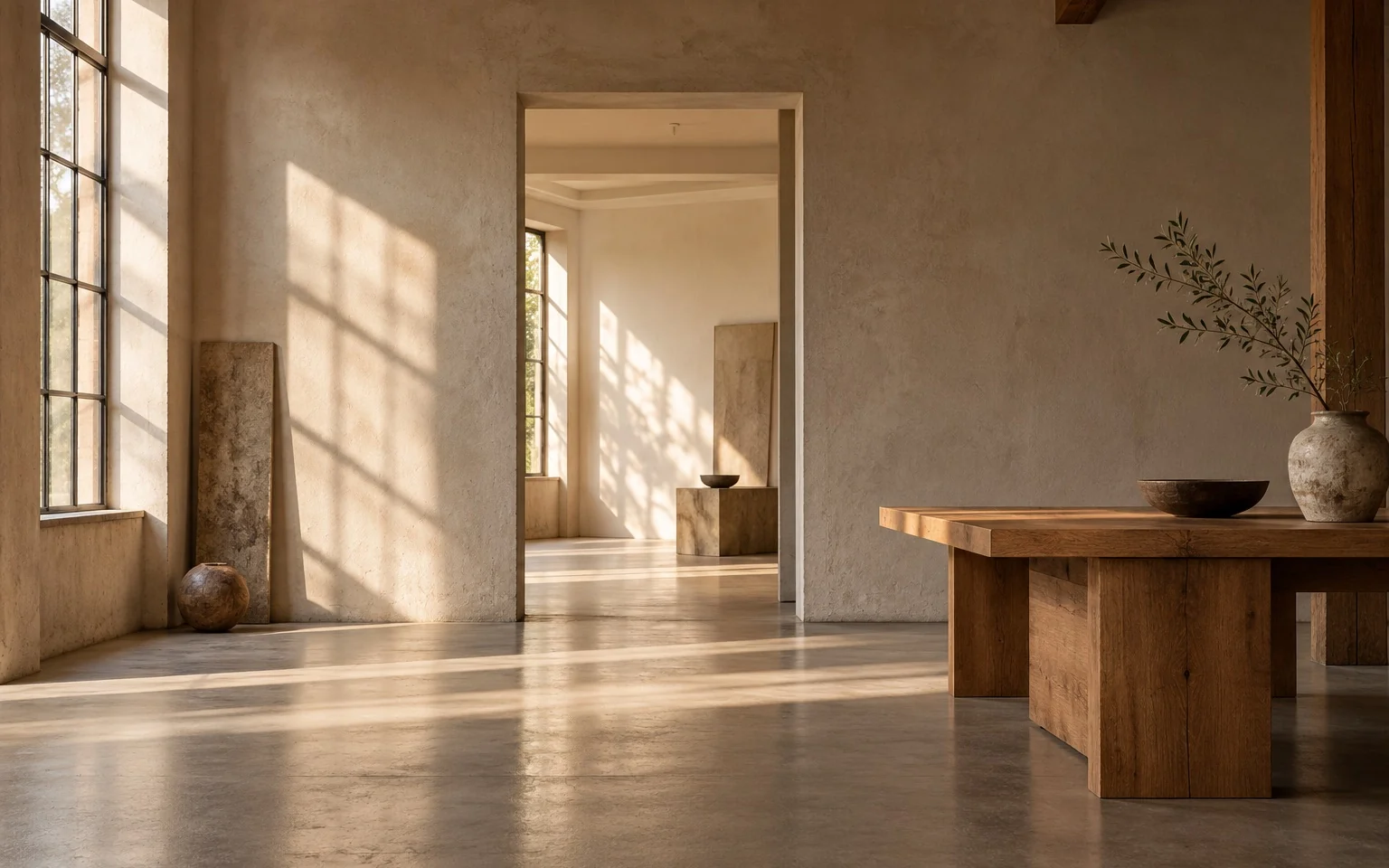 Ein heller Atelierraum mit offener Tür und Olivenzweig im Seitenlicht