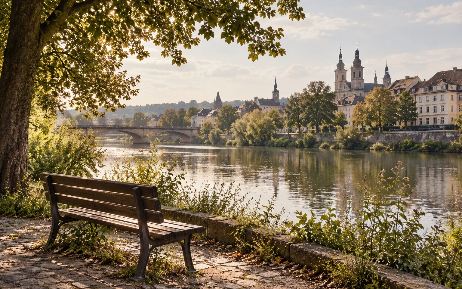 Eine leere Bank am ruhigen Flussufer in Fulda